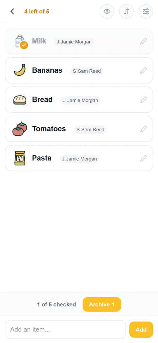 The real Weekly shop list in the browser's in-store mode, with Milk ticked and four items remaining.