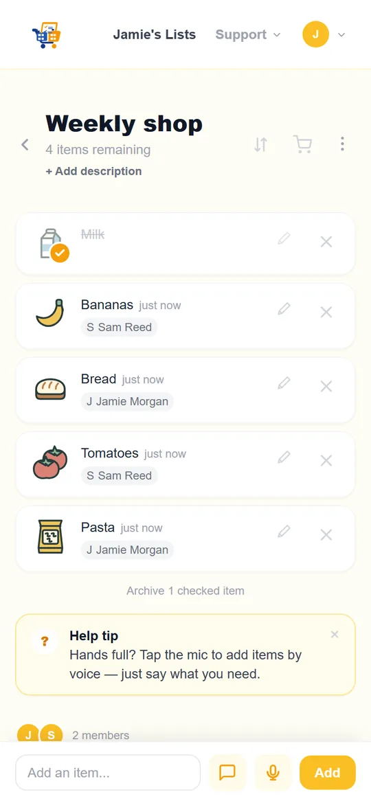 A real Weekly shop list shared by Jamie Morgan and Sam Reed, showing items added by both.