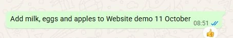 Screenshot of the WhatsApp message 'Add milk, eggs and apples to Website demo 11 October' with UrCartBuddy's thumbs-up reaction.