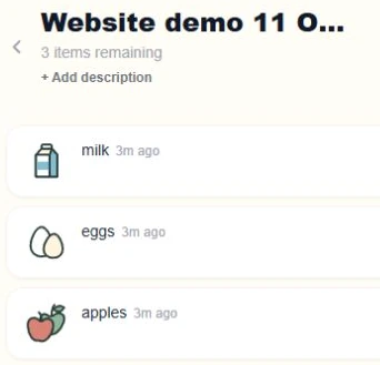 Matching Website demo 11 October list: 3 items remaining, milk, eggs and apples.